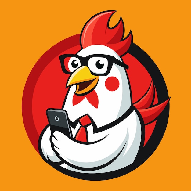 una caricatura de un pollo con un teléfono en la mano