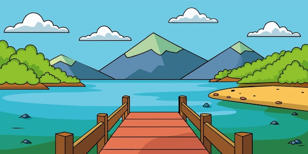 Vector una caricatura de un puente sobre un lago con montañas y un lago