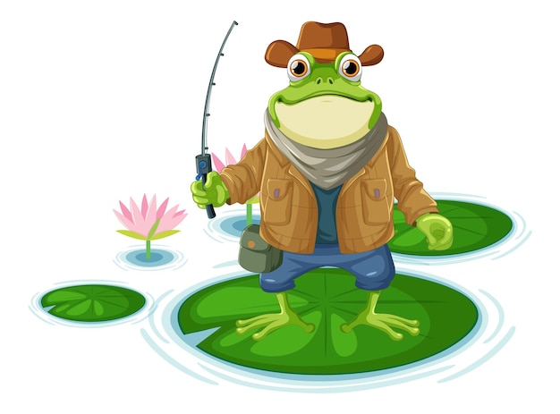 Vector caricatura, rana, pesca, en, charca