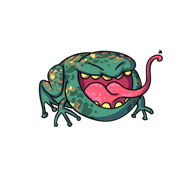 Una caricatura de una rana verde con una gran lengua fuera.