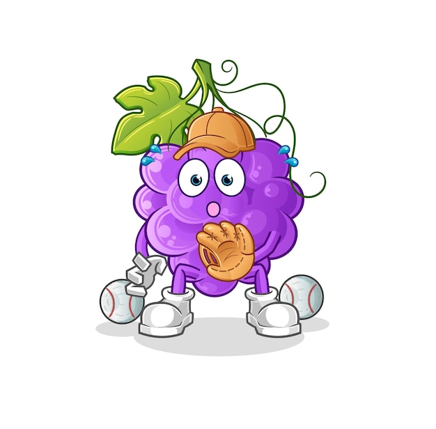 La caricatura del receptor de béisbol de uva. vector de mascota de dibujos animados