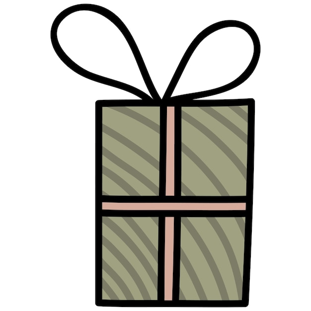 Una caricatura de un regalo a rayas con una cinta atada alrededor