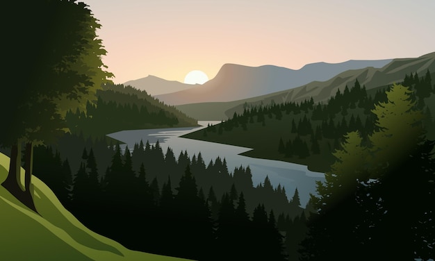 una caricatura de un río con montañas en el fondo