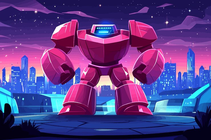 Vector una caricatura de un robot con una ciudad en el fondo