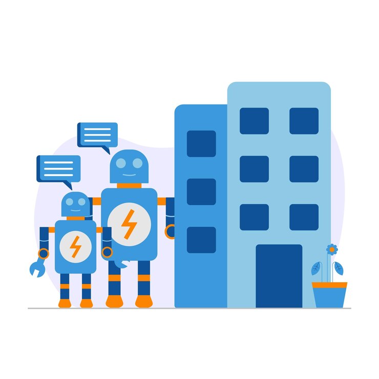 Vector una caricatura de un robot con un edificio al fondo.