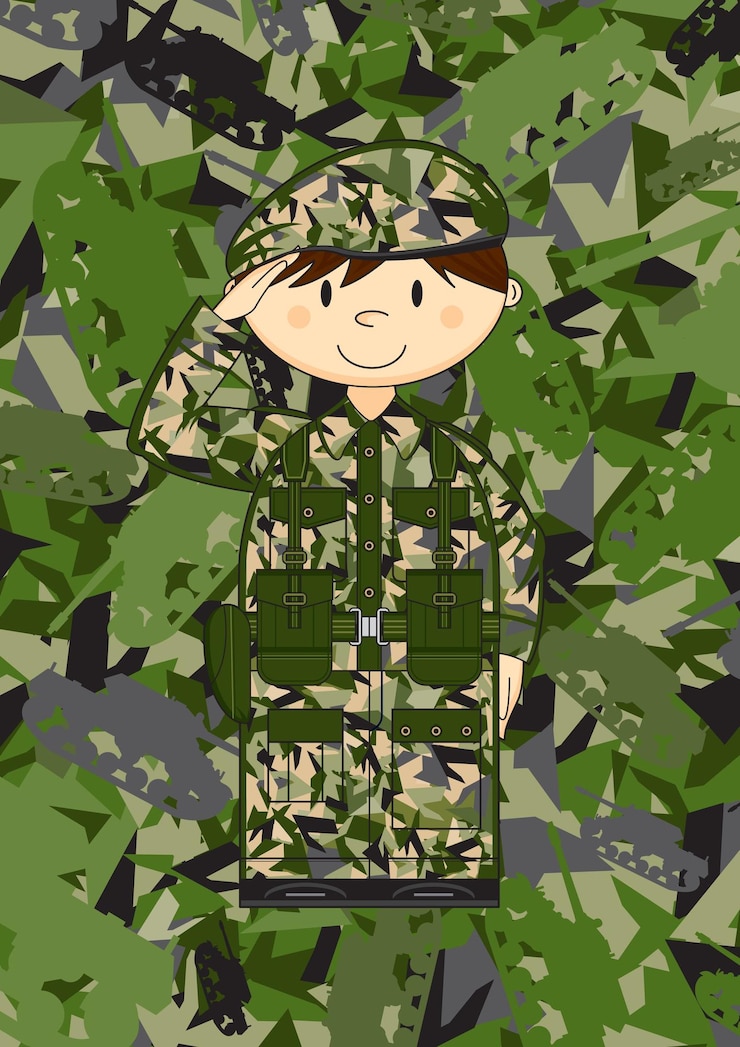 Vector caricatura, saludar, ejército, soldado, militar, historia, ilustración