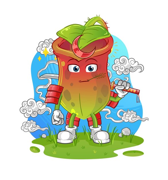 Caricatura de samurái Nepenthes. vector de mascota de dibujos animados