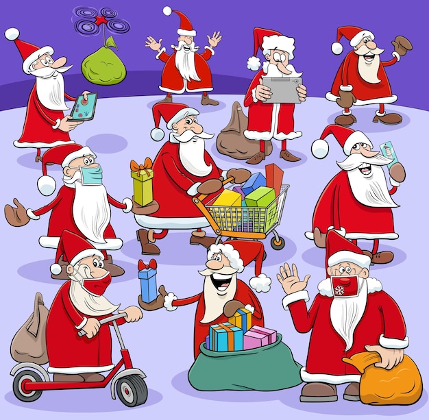 caricatura, de, santa claus, caracteres, grande, grupo, con, navidad, regalos