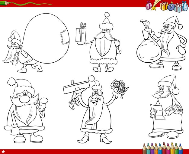 caricatura, santa claus, navidad, caracteres, conjunto, libro colorear, página
