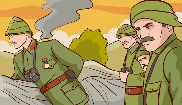 Vector una caricatura de soldados con un hombre en uniforme militar y una mujer en uniforme verde con un arma en el frente