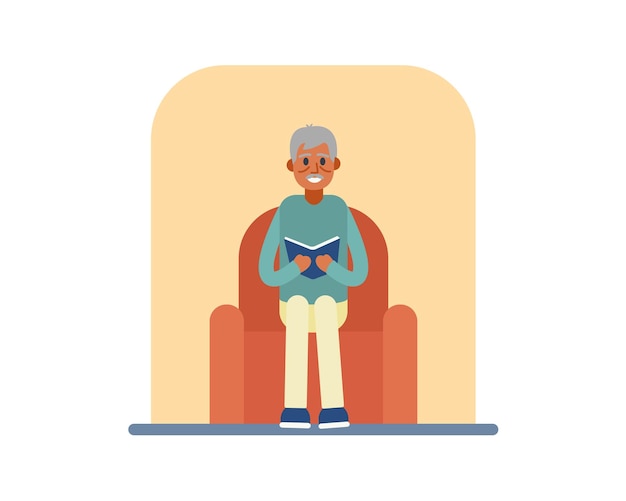 Caricatura, sonriente, anciano, lectura, libro, en, sofá, gente mayor, hacer cosas diferentes, gente mayor, pasar tiempo, en casa, feliz, vejez, vector, plano, estilo, ilustración