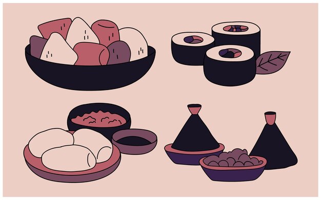 Una caricatura de sushi y sushi sobre un fondo rosa.