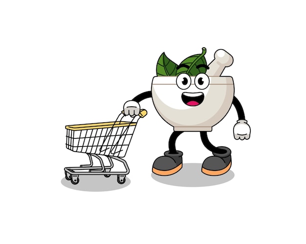 Caricatura de tazón de hierbas sosteniendo un carrito de compras