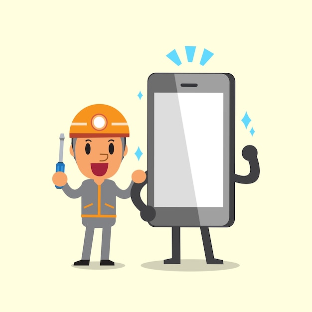 Vector caricatura de un técnico y un personaje de teléfono inteligente