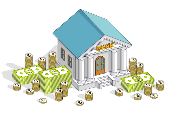 Caricatura de tema bancario, edificio de banco con dólares y pila de monedas aisladas sobre fondo blanco. Ilustración isométrica de negocios y finanzas vectoriales, diseño de línea delgada 3d.