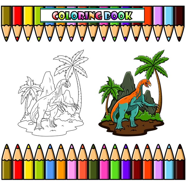 Caricatura de Therizinosaurus en la jungla para el libro de colorear