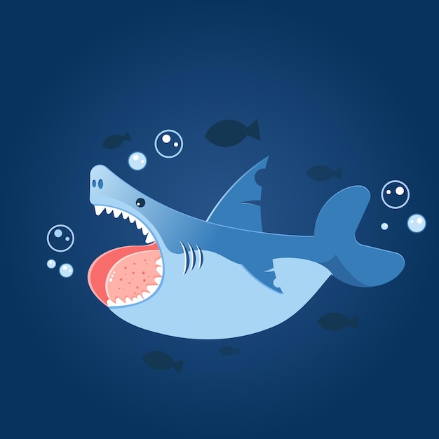 caricatura de tiburón azul rodeada de peces
