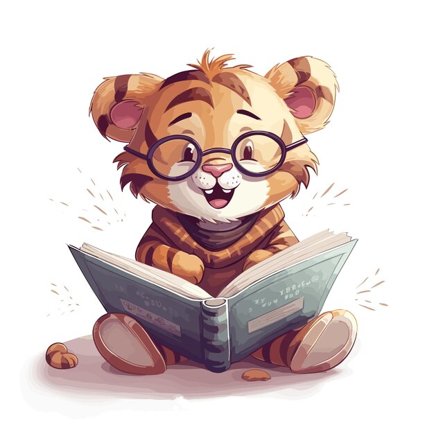 Vector caricatura, tigre, carácter, lectura, libro, ilustración, animal, blanco, plano de fondo