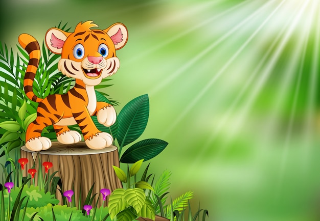 Caricatura de tigre en tocón de árbol con hojas verdes y planta con flores