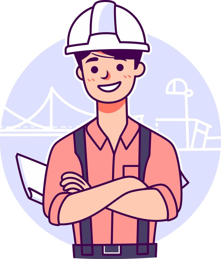 Vector una caricatura de un trabajador de la construcción con los brazos cruzados