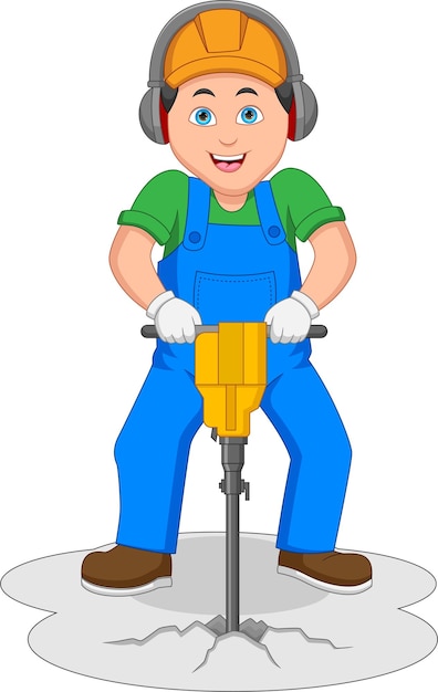 Vector caricatura de un trabajador de la construcción perforando con un martillo