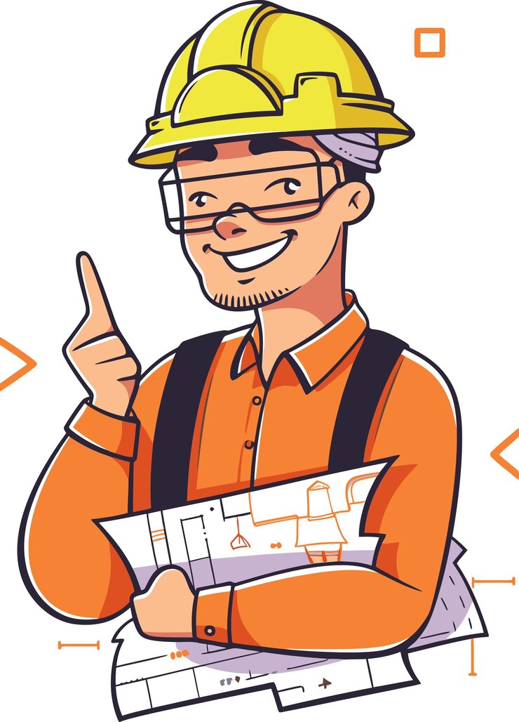 Vector una caricatura de un trabajador de la construcción con un sombrero duro y sosteniendo una pieza de papel