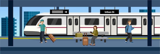 una caricatura de un tren con una mujer sentada a su lado y hombres caminando