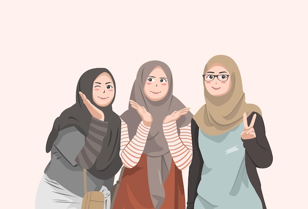 Vector una caricatura de tres mujeres musulmanas con hiyab en la cabeza y una linda pose