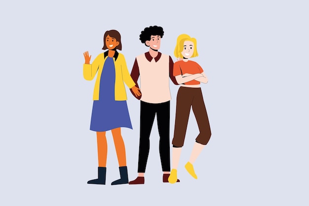 Vector una caricatura de tres personas juntas.