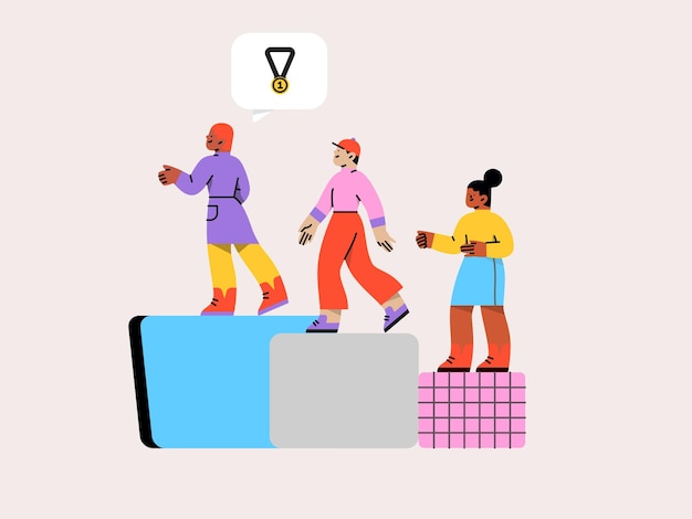 una caricatura de tres personas en una plataforma con una bombilla por encima de ellos