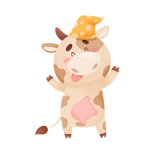 Vector caricatura de una vaca adormecida con gorra de noche de pie y bostezando ilustración vectorial tiempo para dormir concepto de niños