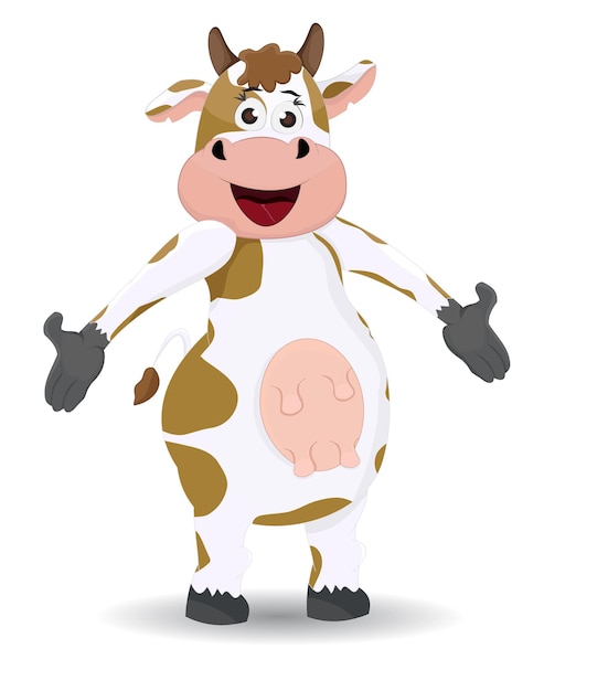 Vector caricatura, vaca, sonriente, mano abierta, postura, aislado