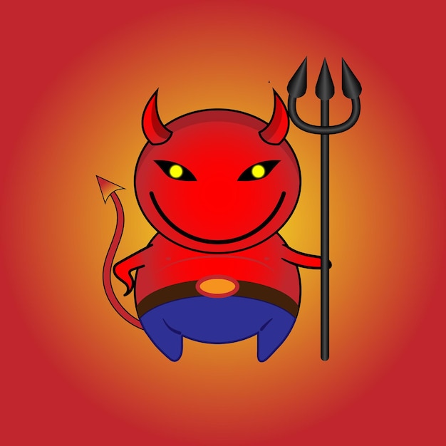 Caricatura de vector de divertido diablo rojo con cuernos y cola de pie