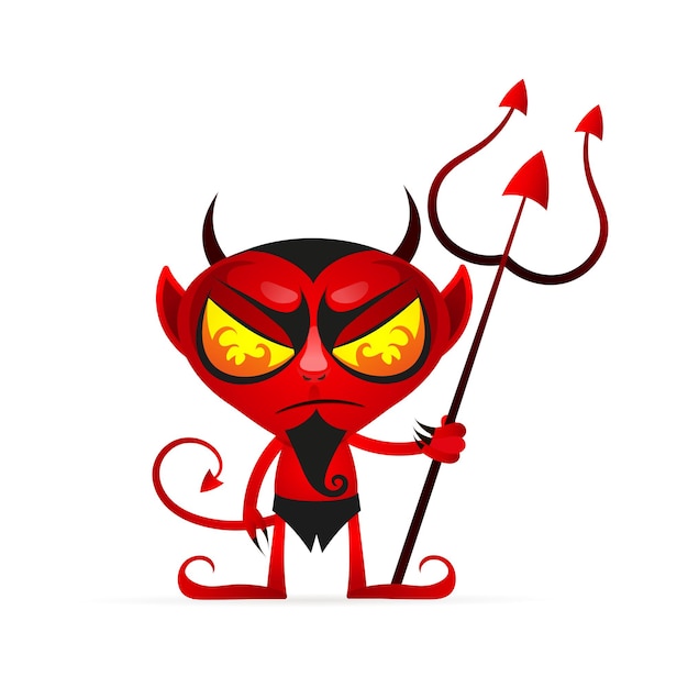 Caricatura de vector de gracioso diablo rojo con cuernos y cola corriendo en algún lugar y sonriendo sobre un fondo blanco.