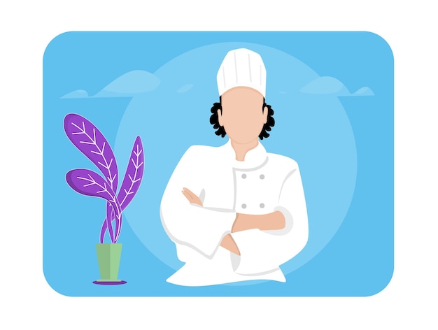 Vector caricatura, vector, ilustración, de, hembra, chef, madre, esposa, cocina, en, el, cocina, fondo azul