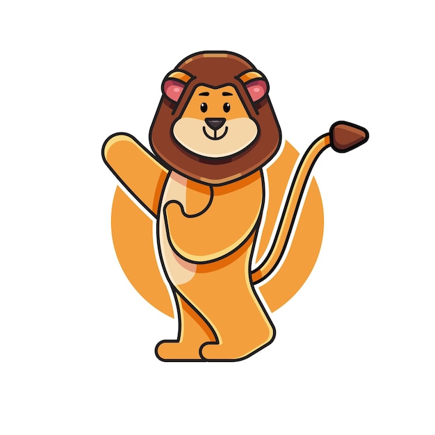 caricatura, vector, ilustración, de, un, lindo, león, carácter, ambulante, y, saludar, león, mascota, logotipo