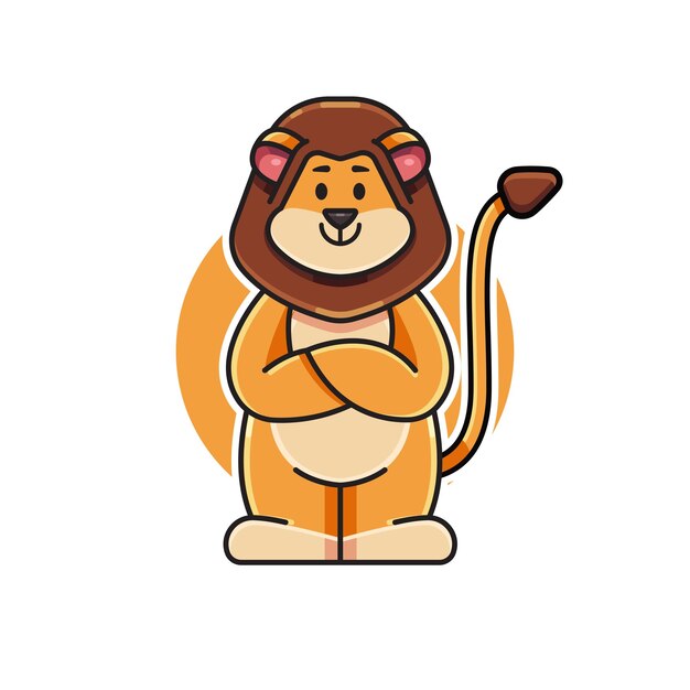 caricatura, vector, ilustración, de, un, lindo, león, carácter, posición, con, brazos cruzados, león, mascota, logotipo