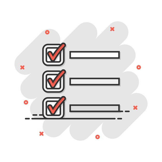 Caricatura vectorial para hacer icono de lista en estilo cómico Lista de verificación de tareas signo ilustración pictograma Recuerdo concepto de efecto de salpicaduras de negocios