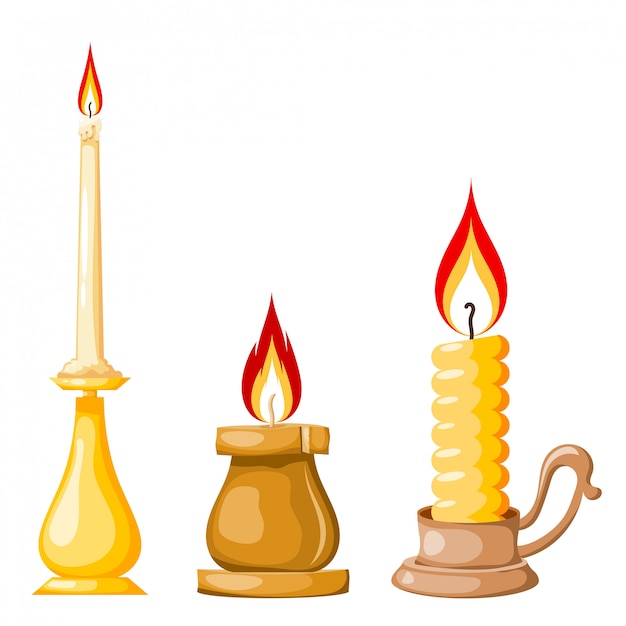 Caricatura de una vela. Conjunto de velas amarillas con llamas en estilo de dibujos animados.