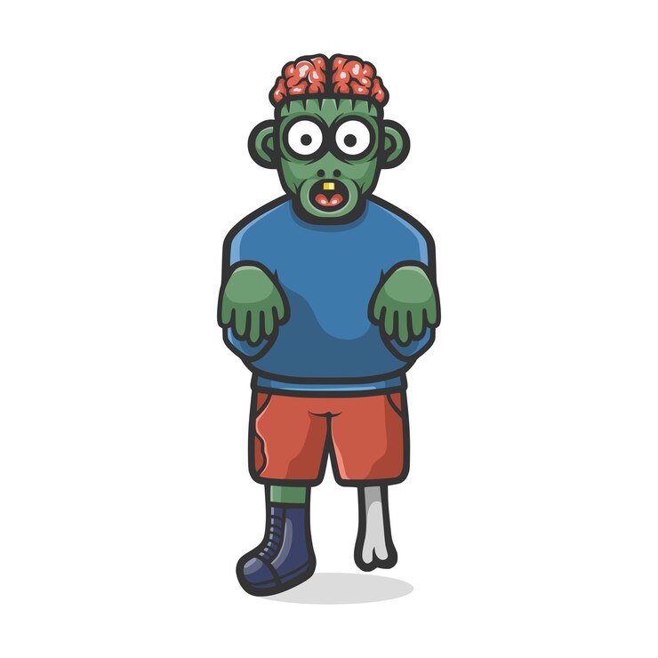 Vector una caricatura de un zombi con una camisa azul y pantalones cortos rojos.