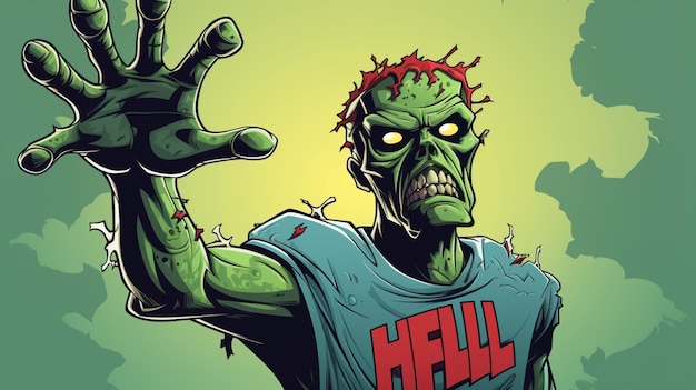 Vector una caricatura de un zombi con una camisa azul que dice el infierno en él