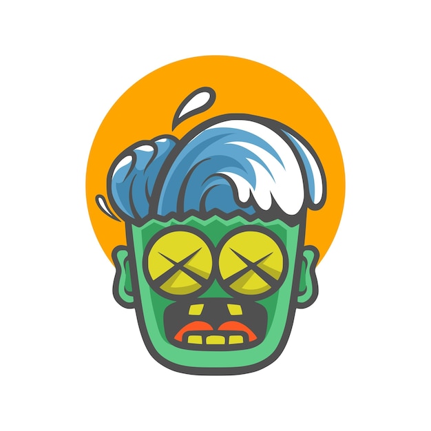 Una caricatura de un zombi verde con una cabeza azul y gafas.