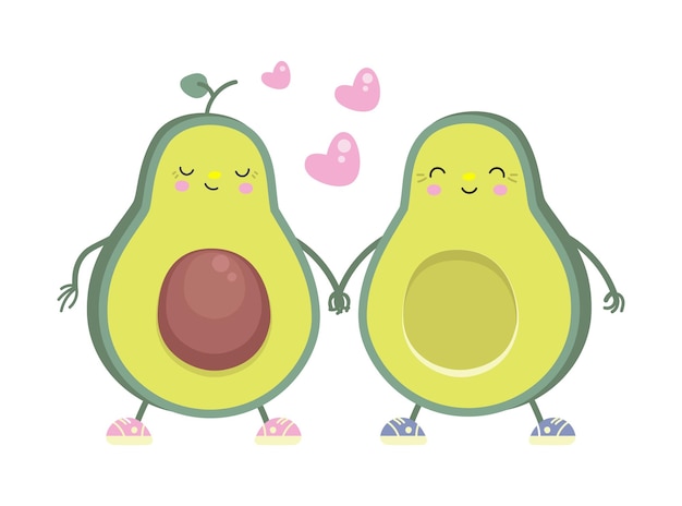Caricaturas de aguacates enamorados chico y chica aguacates juntos y corazones rosados personajes de comida fresca ropa impresión o tarjeta postal plantilla vectorial actual