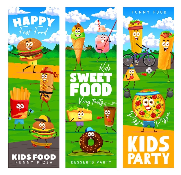 Caricaturas alegres personajes de comida rápida en vacaciones deportivas fiesta de niños pancartas vectoriales con pizza papas fritas hamburguesa y helado batido pastel comida rápida personaje divertido haciendo deportes en el prado