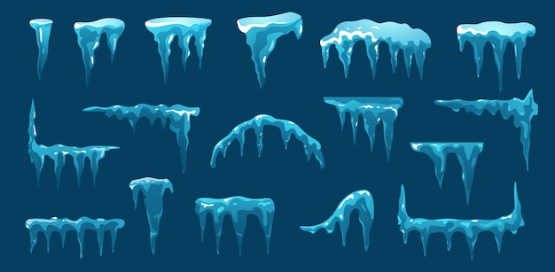 Caricaturas azules de hielo picos de hielo congelados colgando abajo elementos climáticos fríos helados gotas de agua de nieve congeladas se derriten clima helado helado conjunto aislado vectorial