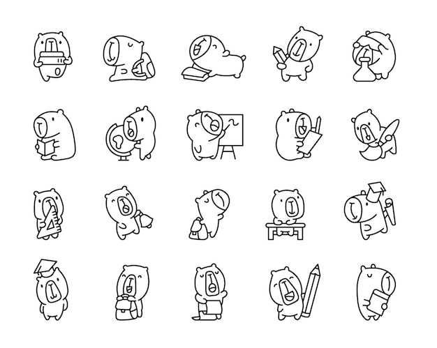 Caricaturas divertidas de capibara en la escuela para colorear