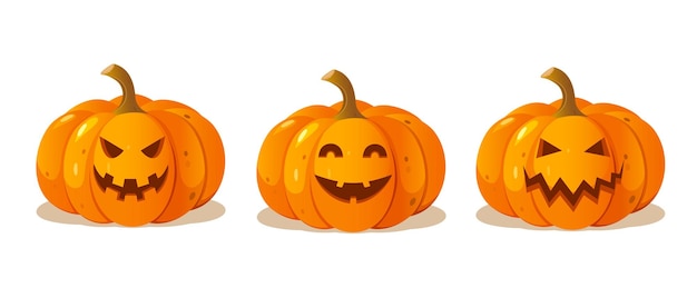 Caricaturas de Halloween talladas calabazas con diferentes caras expresiones aisladas en fondo blanco