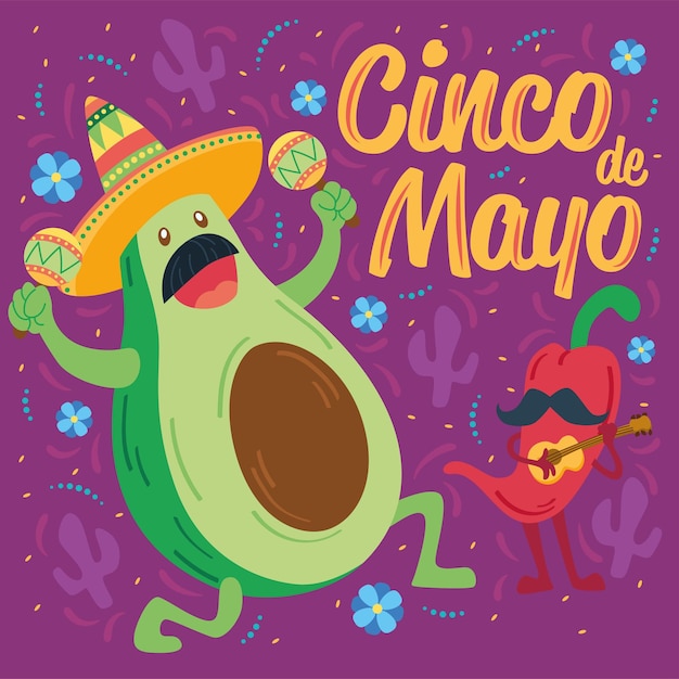 Caricaturas mexicanas de aguacate y ají Cinco de mayo
