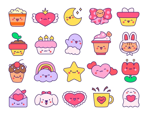Caricaturas de personajes kawaii felices y lindos Estilo de vida Estilo dibujado a mano Dibujo vectorial