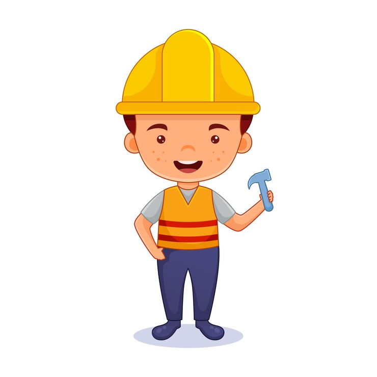 Vector caricaturista, hombre apuesto y amistoso vestido con ropa de trabajo, sosteniendo un martillo o gesticulando con casco